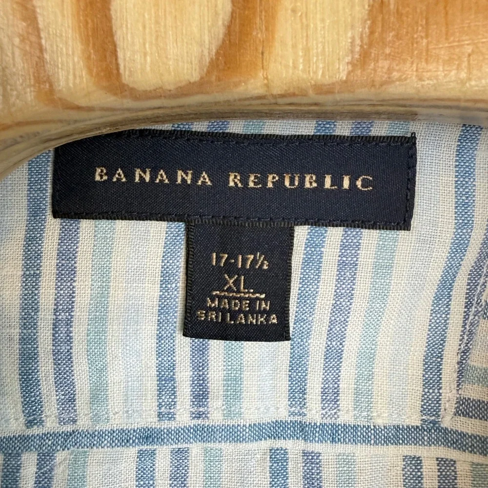 Banana Republic Mens Linen Button Down Shirt XL Blue Striped Coastal Nautical‎